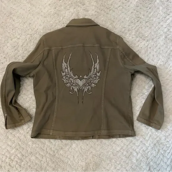 Caslon Y2K Jacket – Green Khaki – Rhinestone Sacred Heart – Size XL - Picture 4 of 8